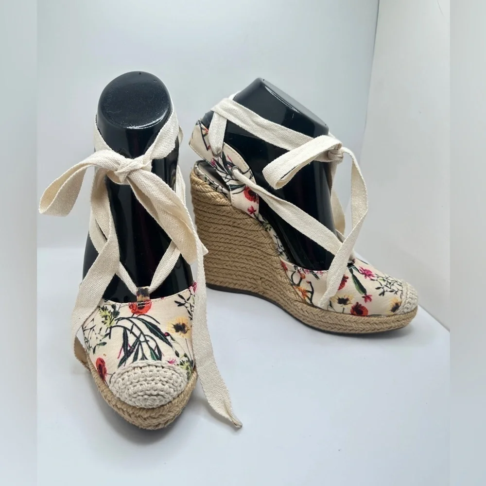 Schutz Multi Floral Tie Up Ankle Wrap Rounded Espadrille Wedge Sz 5.5/EUR 36